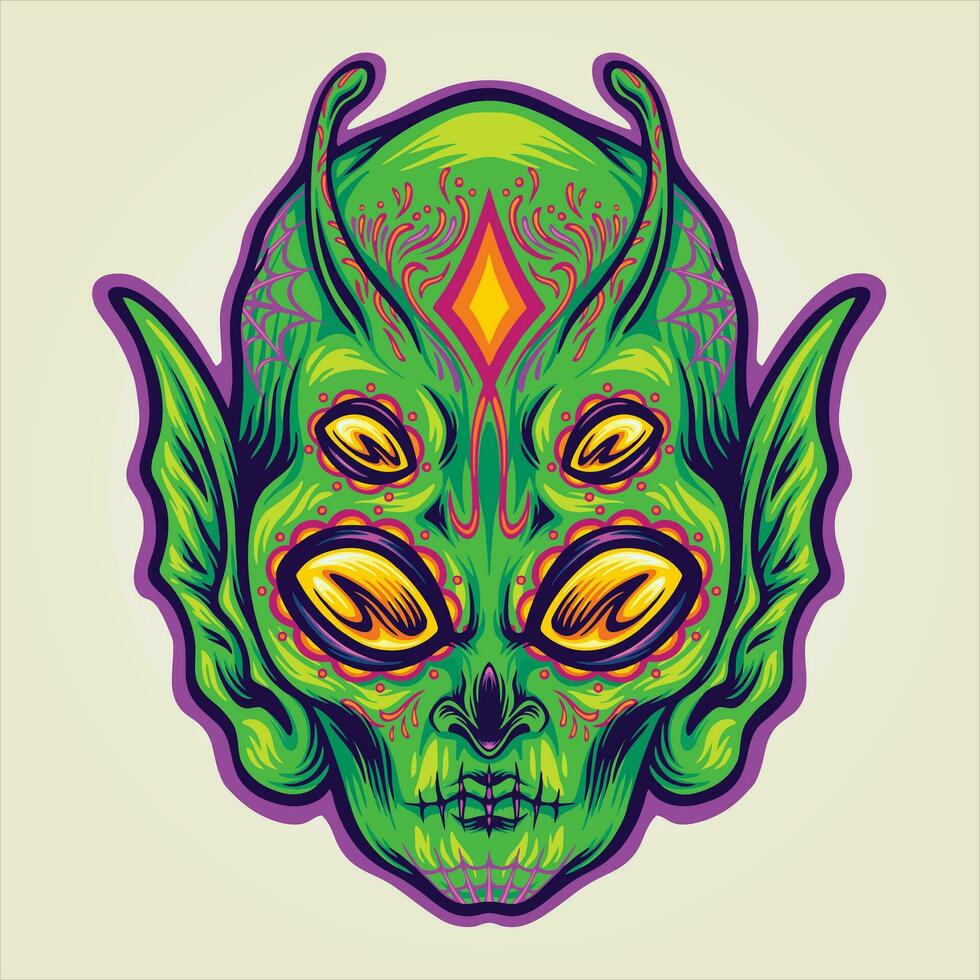 Fantasy alien head in sugar skull day of the dead vector illustrations for your work logo, merchandise t-shirt, stickers and label designs, poster, greeting cards advertising business company