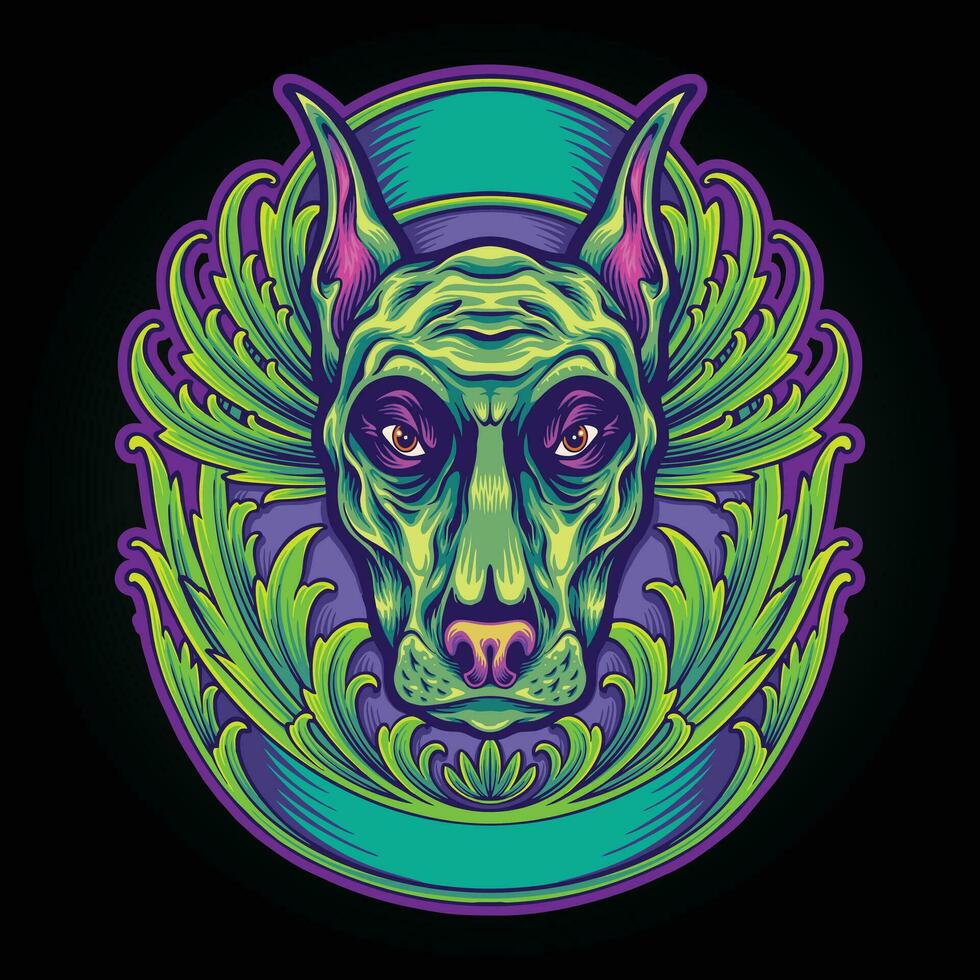 Doberman dog head in classic floral frame vector illustrations for your work logo, merchandise t-shirt, stickers and label designs, poster, greeting cards advertising business company