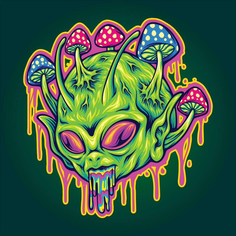 Cosmic trippy head alien in outer space vector illustrations for your work logo, merchandise t-shirt, stickers and label designs, poster, greeting cards advertising business company