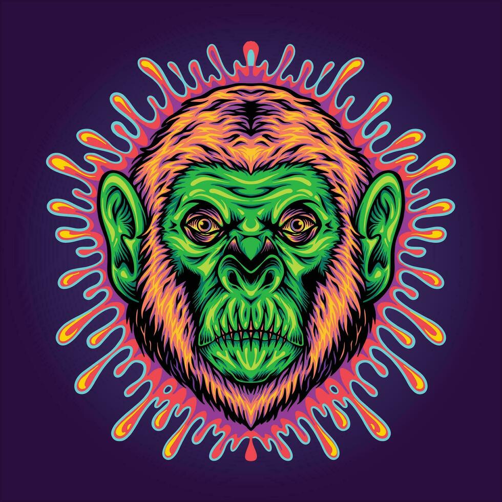 Intriguing monkey head with mysterious slime background vector illustrations for your work logo, merchandise t-shirt, stickers and label designs, poster, greeting cards advertising business company