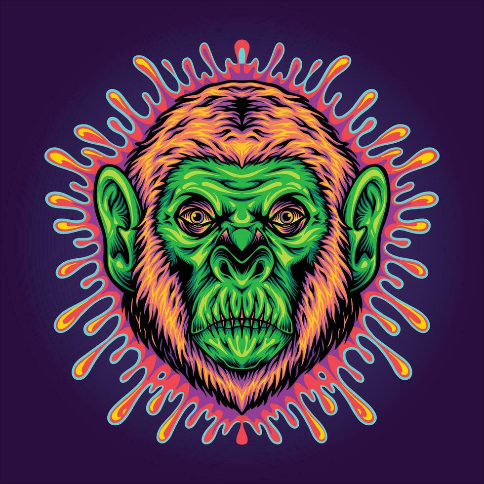 Intriguing monkey head with mysterious slime background vector illustrations for your work logo, merchandise t-shirt, stickers and label designs, poster, greeting cards advertising business company