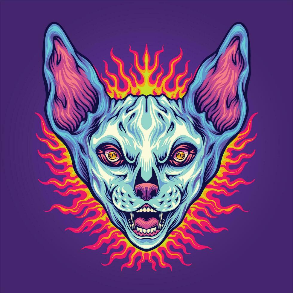 Celestial cat creature head with fiery background vector illustrations for your work logo, merchandise t-shirt, stickers and label designs, poster, greeting cards advertising business company