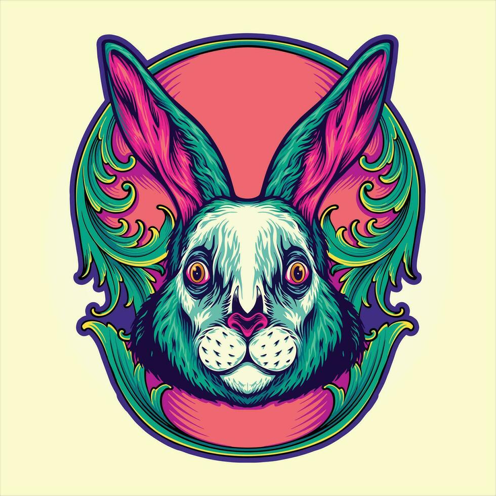 Whimsical rabbit head in antique engraved frame vector illustrations for your work logo, merchandise t-shirt, stickers and label designs, poster, greeting cards advertising business company