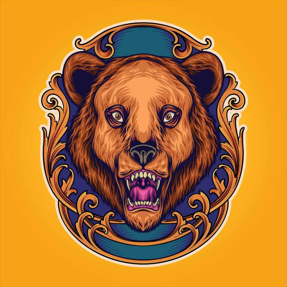 salvaje oso pardo oso cabeza en grabado ornamento marco vector ilustraciones para tu trabajo logo, mercancías camiseta, pegatinas y etiqueta diseños, póster, saludo tarjetas publicidad negocio empresa