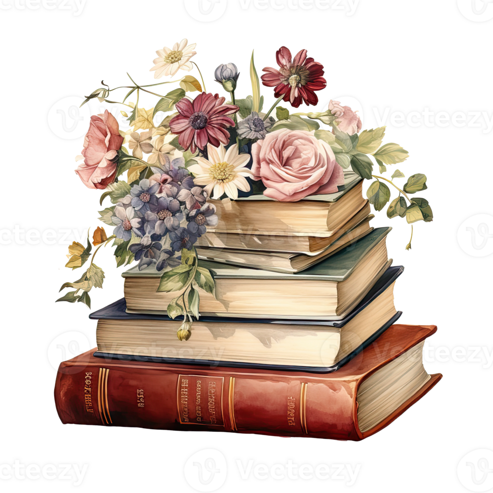 Vintage book stack woth flower. Illustration AI Generative png