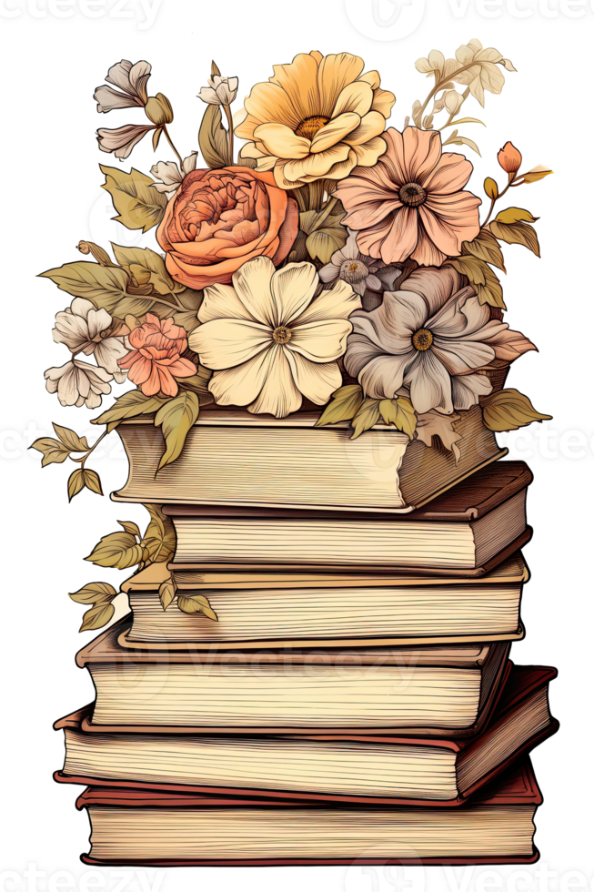 Vintage book stack woth flower. Illustration AI Generative png