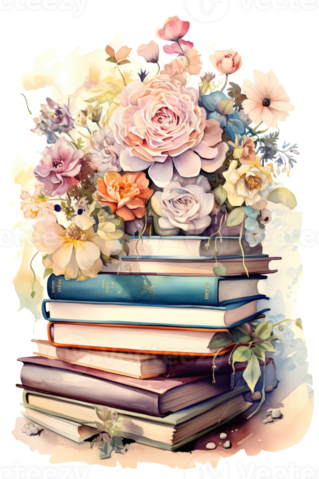 Vintage book stack woth flower. Illustration png