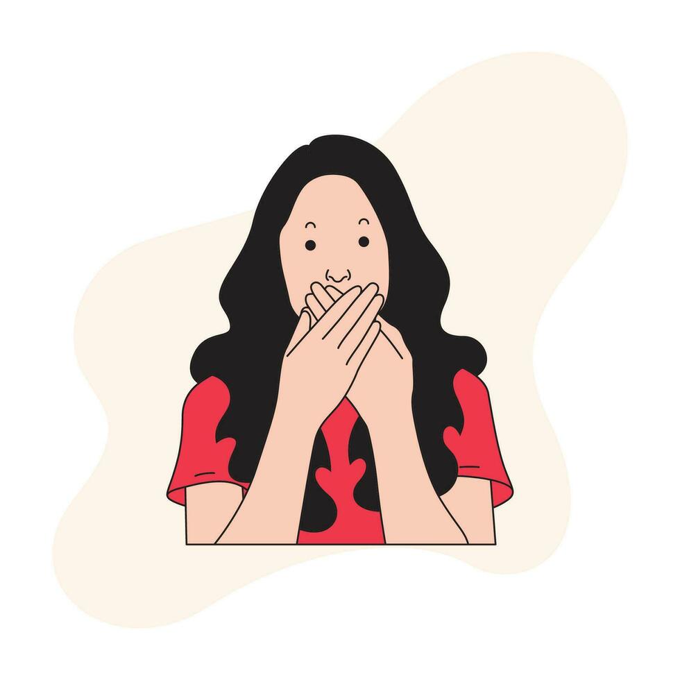 a long-haired woman was covering her mouth with both hands.eps vector