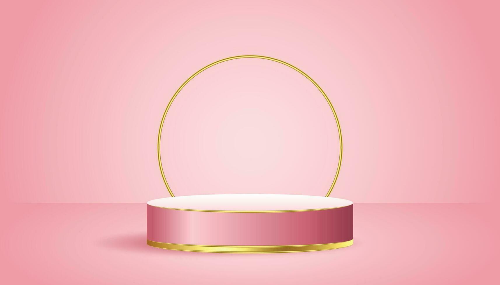 White pink 3d pedestal background with Golden Glass Ring Frame for cosmetic product presentation vector