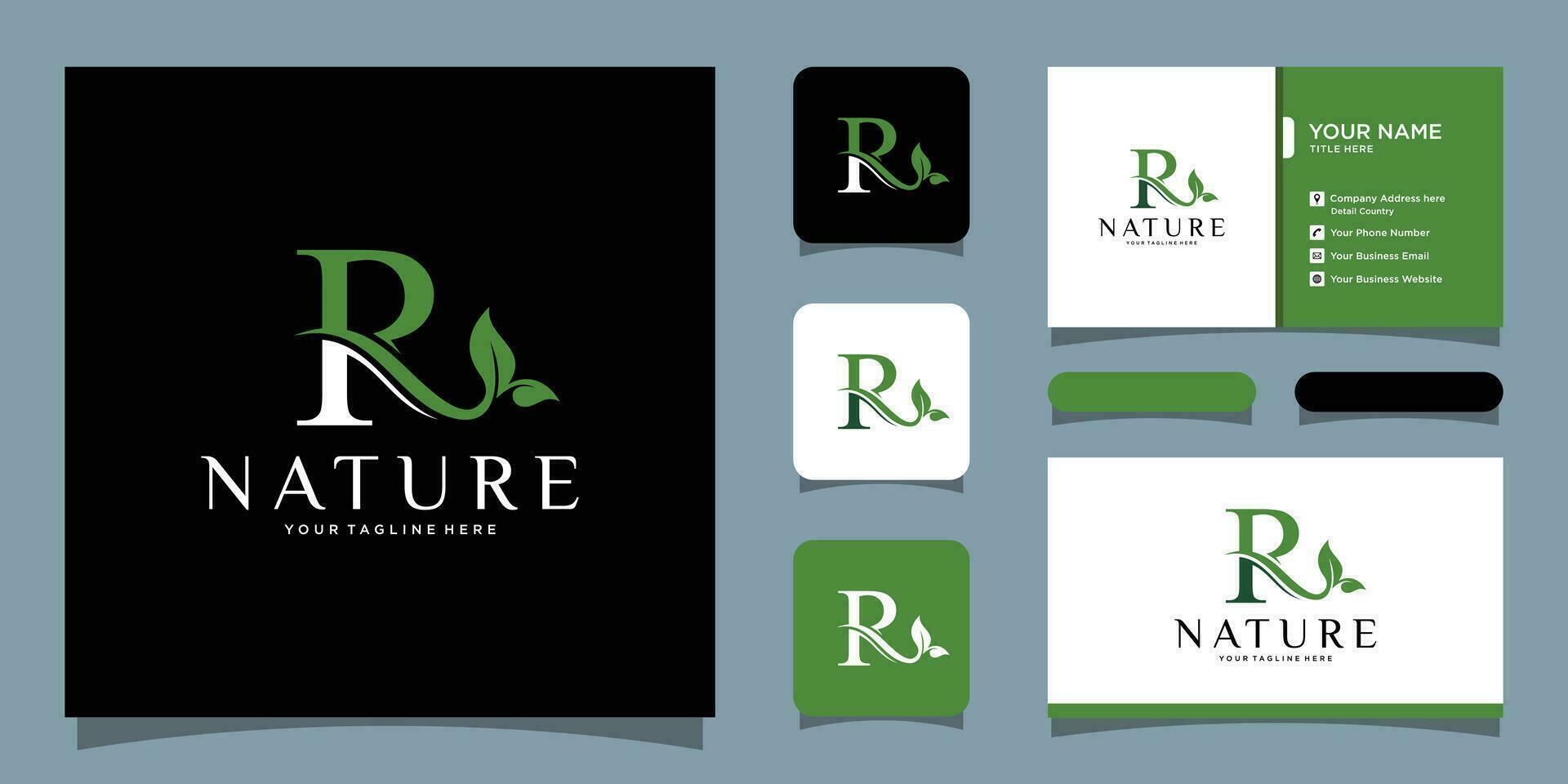 Initial letter R with leaf luxury logo. green leaf logo with business card design Premium Vector