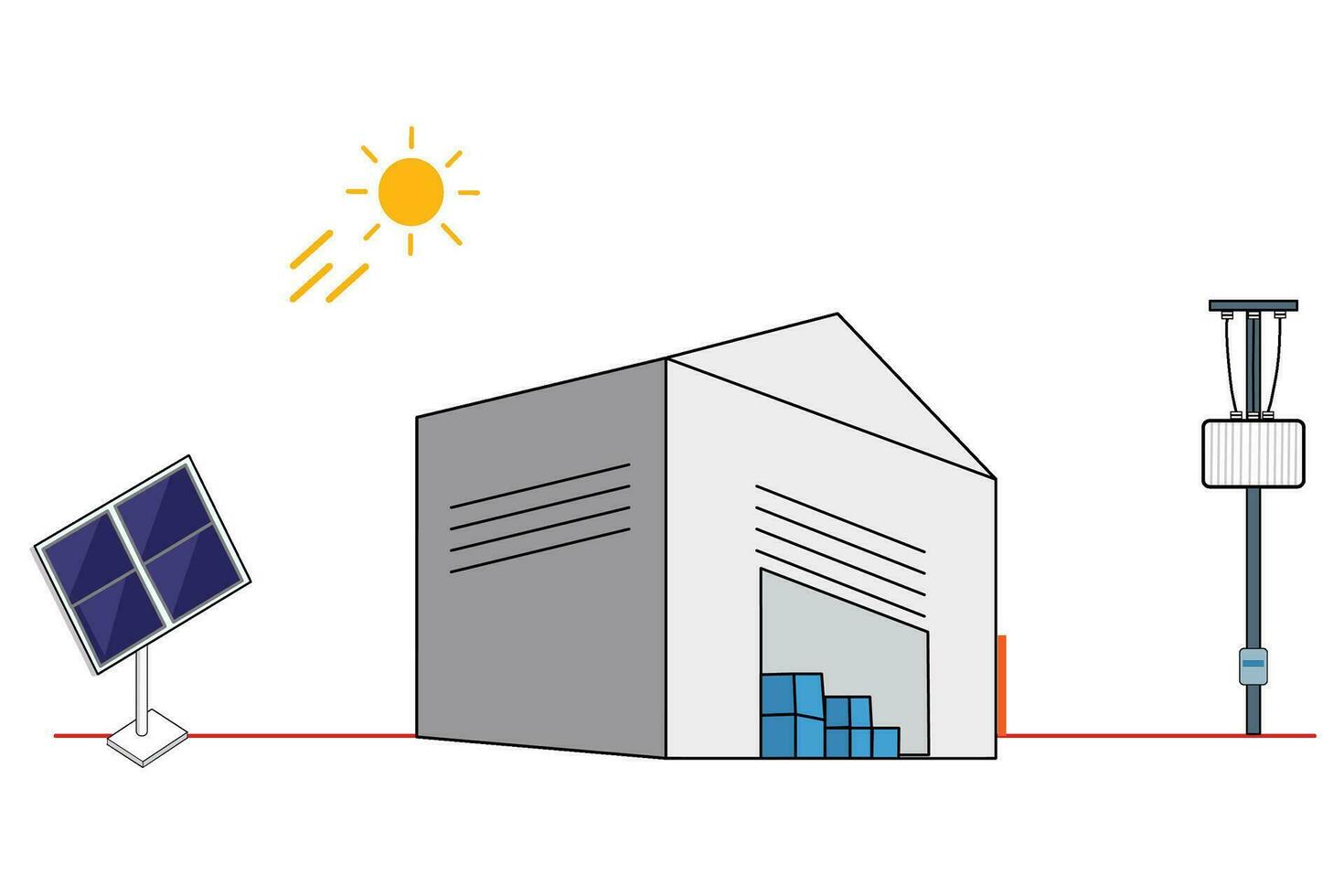 on grid solar cell simple diagram system house concept inverter panels component infographic isolated vector