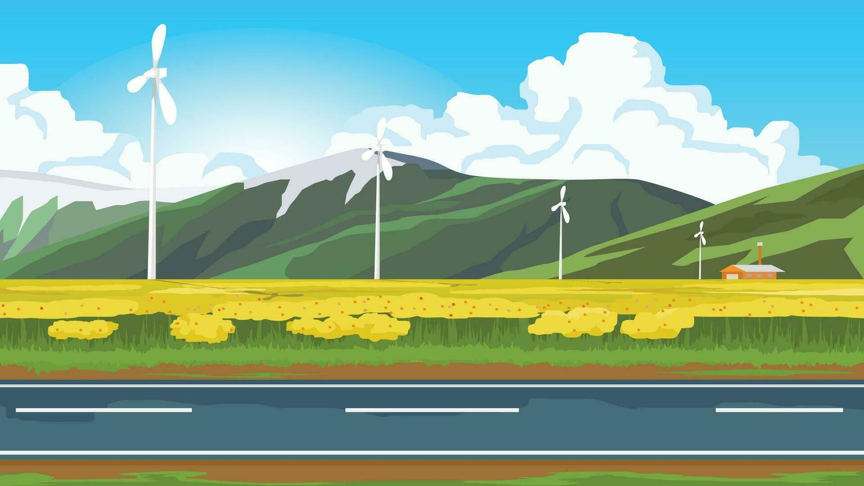 Horizontal view of asphalt road cuts through a vast field of yellow flowers. wind turbine lined up on the windy area with house. Background of mountain under blue sky and white clouds and sun lihgt. vector