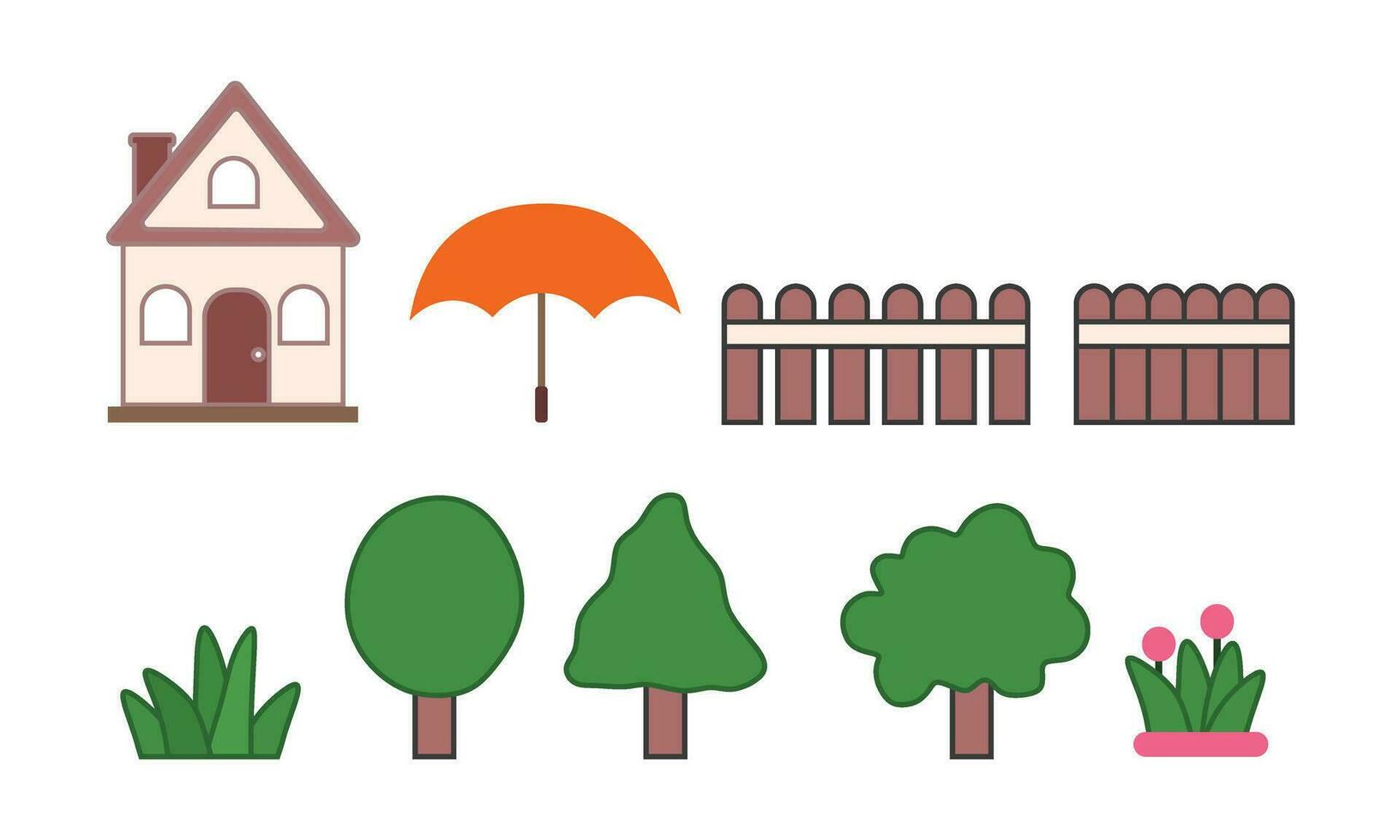 Icon set of minimalist living houses and decorations vector