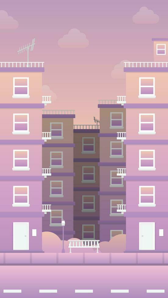 illustration of a tall building with a beautiful purple gradient sky in flat design vector