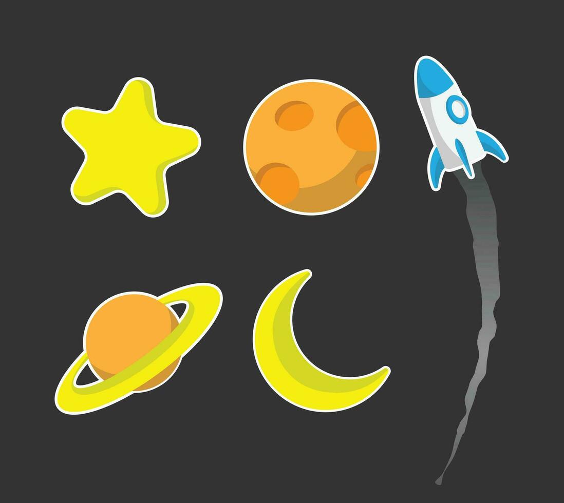 design illustrations of space objects such as planets, stars, moons, and rockets in flat design vector
