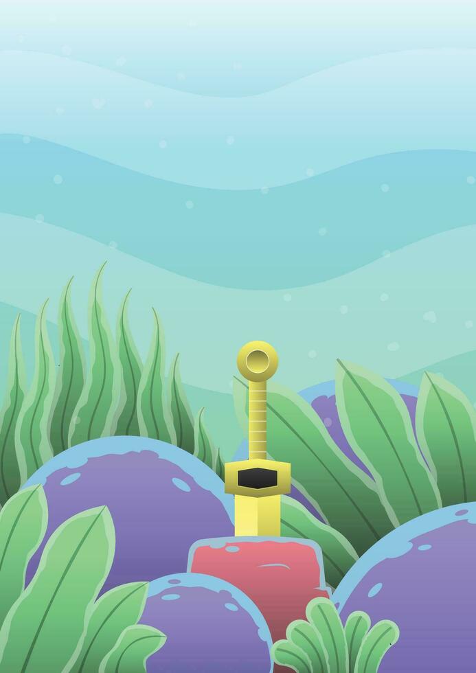 illustration of an underwater scene with a golden sword stuck in a rock vector
