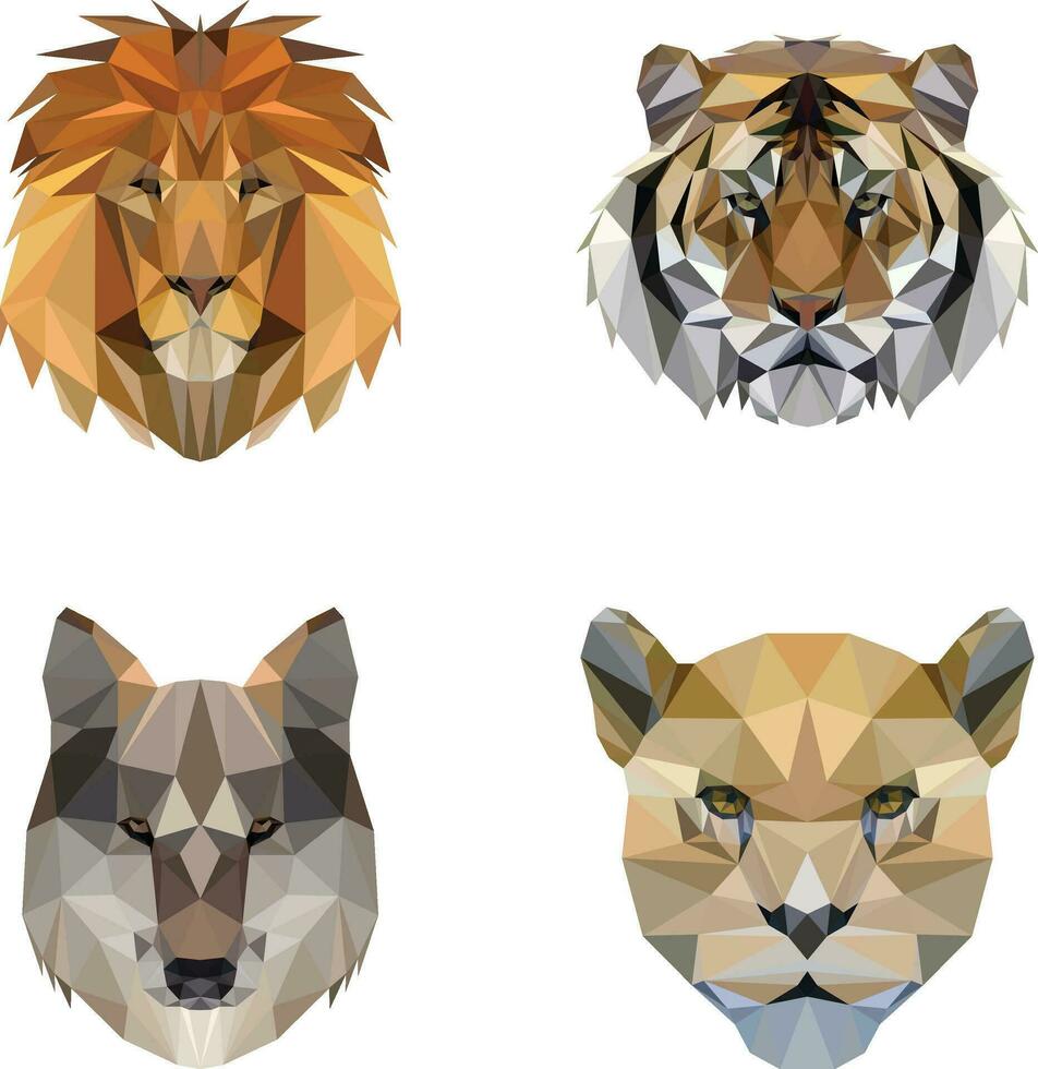 wild animal lowpoly art design. lion, tiger, seriala, and leopard vector