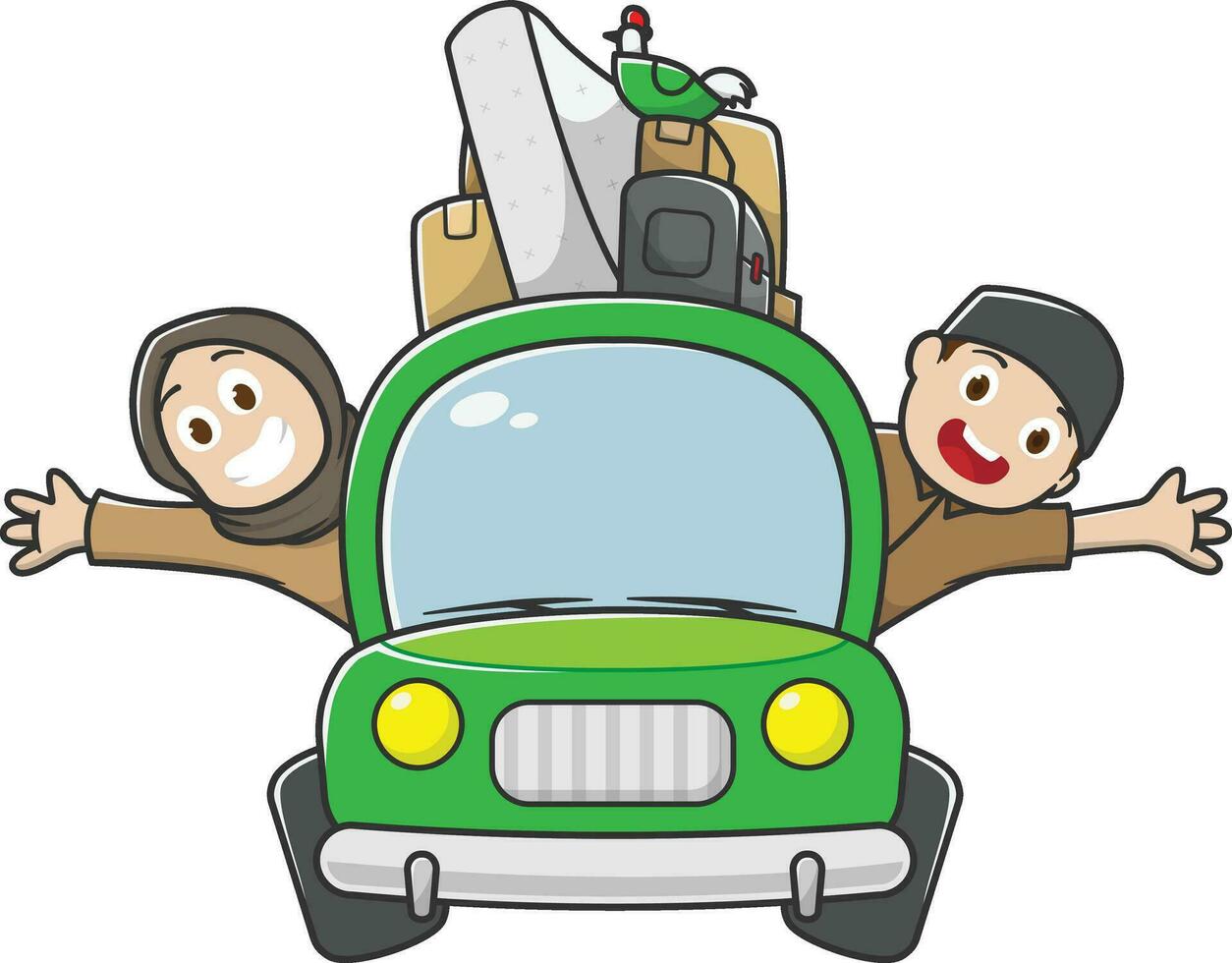 illustration of a Muslim family with a happy expression returning home vector