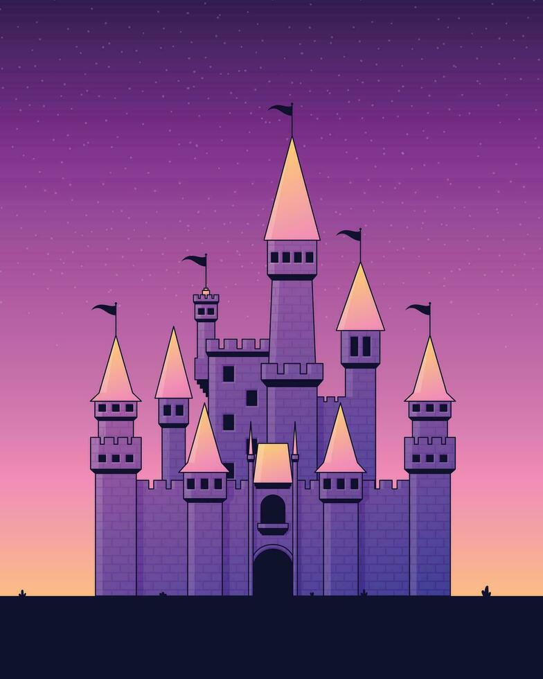 ilustración diseño de un majestuoso castillo con un hermosa noche cielo en plano diseño vector