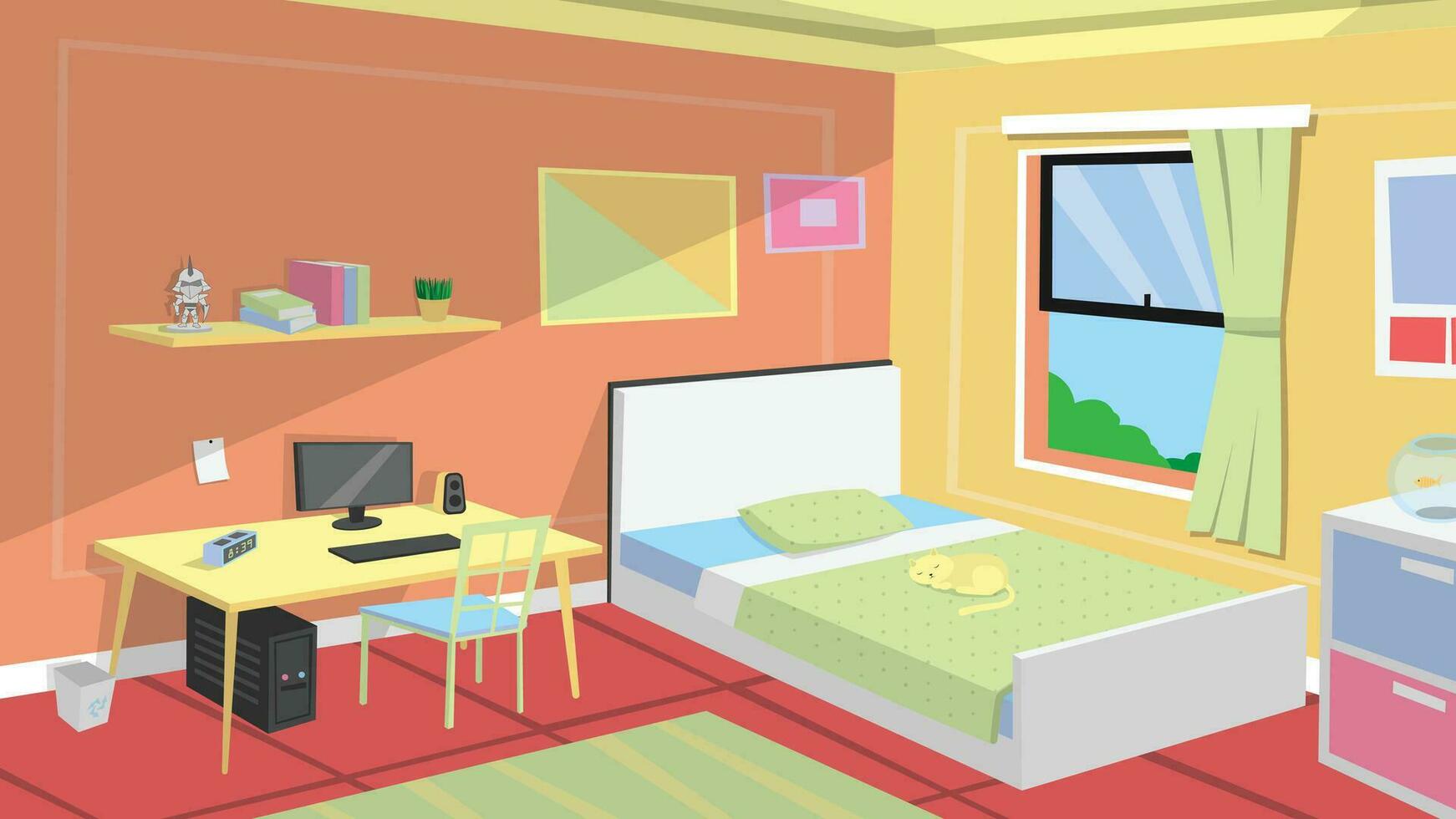 ilustración de un dormitorio en plano diseño. contiene un dormido cama, armario, escritorio, computadora, acuario, fotos, etc vector