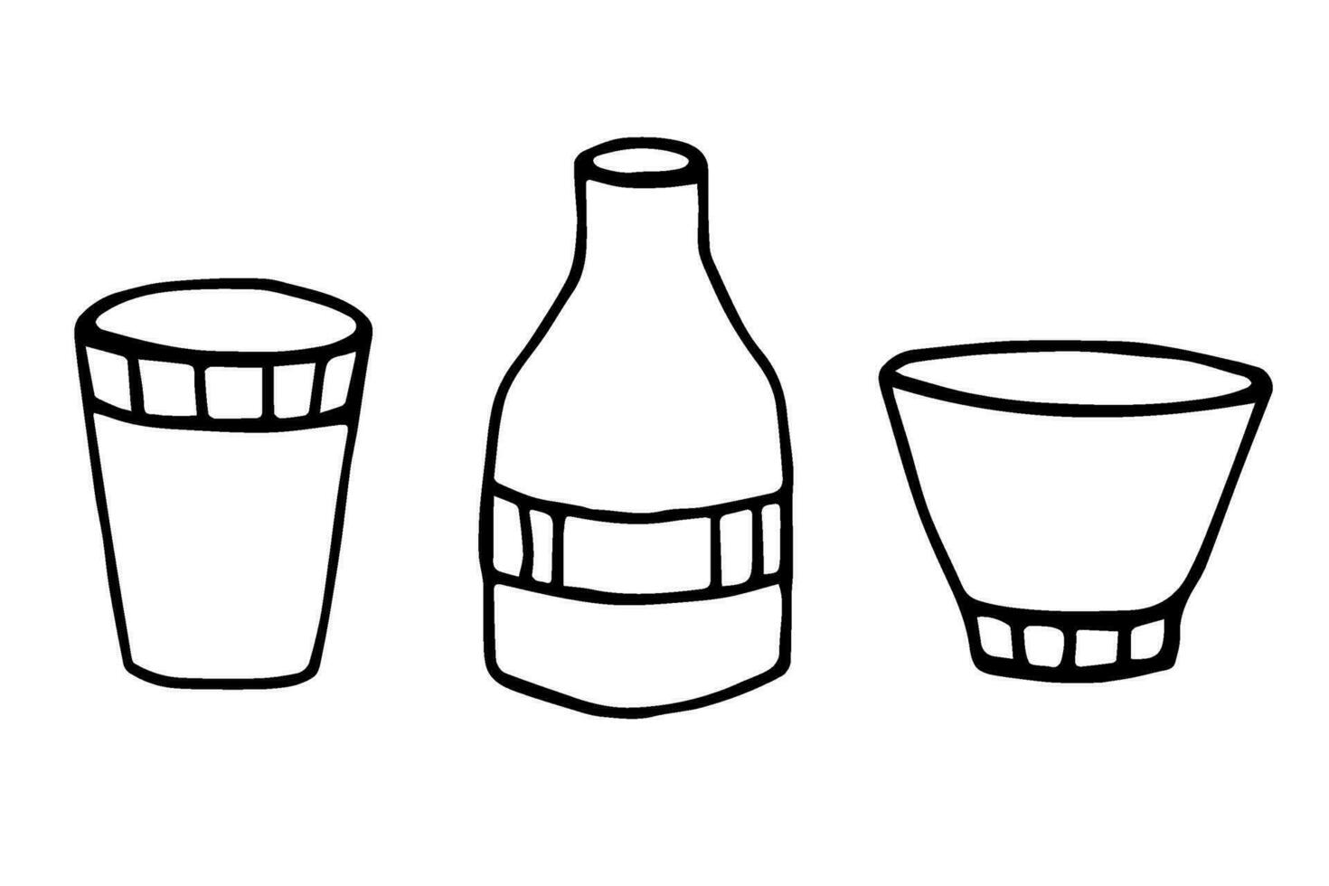 Hand drawn black outline vector doodle set of dishes on a white background. Glass, bottle, bowl. For the design of kitchens, cafes, menus, drinks, labels.