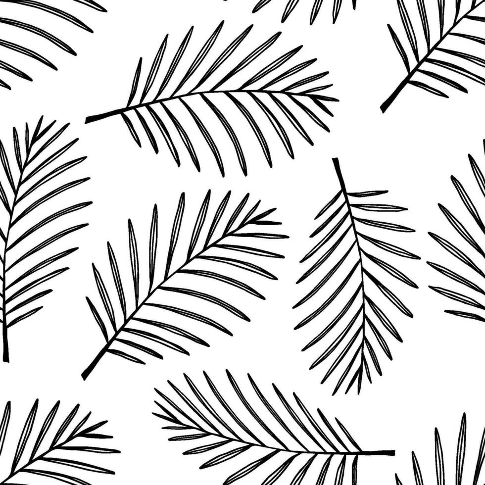 Hand-drawn black outline simple seamless vector pattern. Branches, leaves of a date palm on a white background.