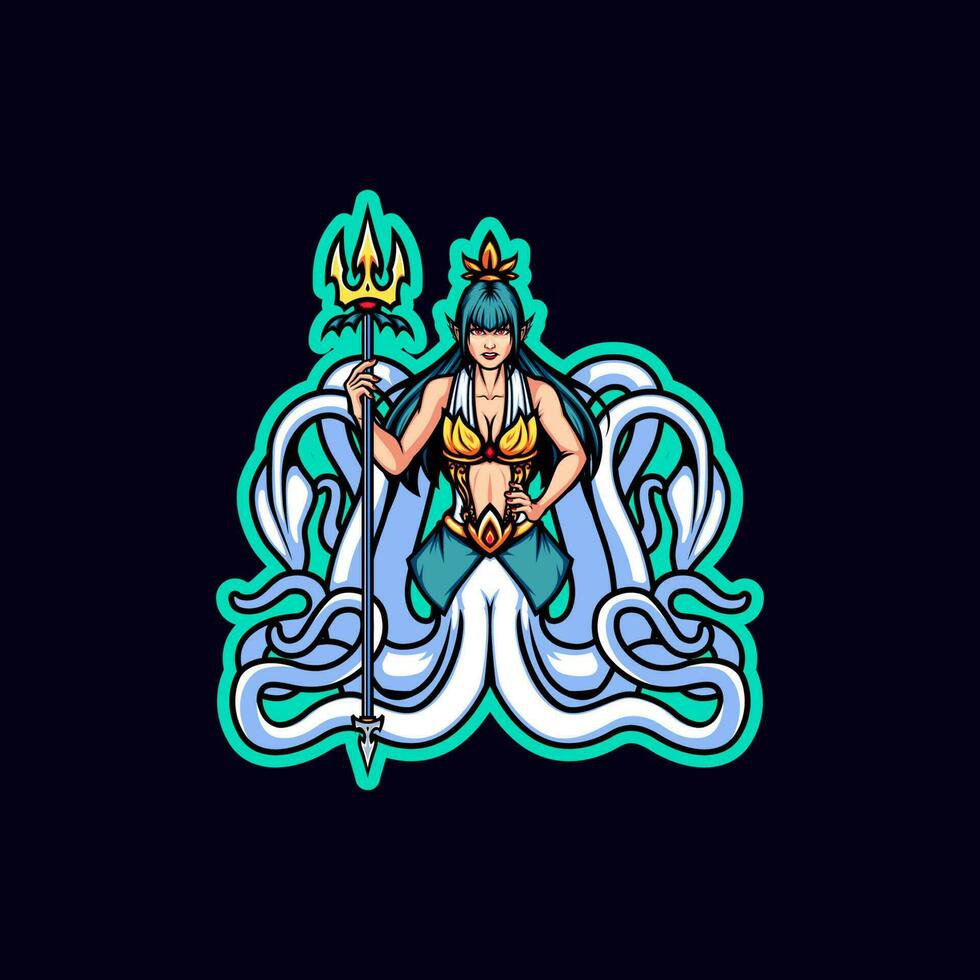 Beautiful Deep Sea Queen Goddess with Her Gold Trident Mascot vector
