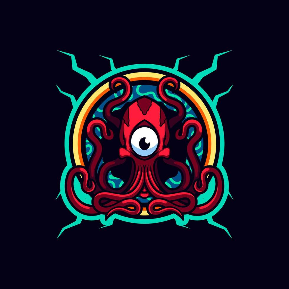 uno ojos rojo pulpo en el medio de un dorado anillo mascota vector