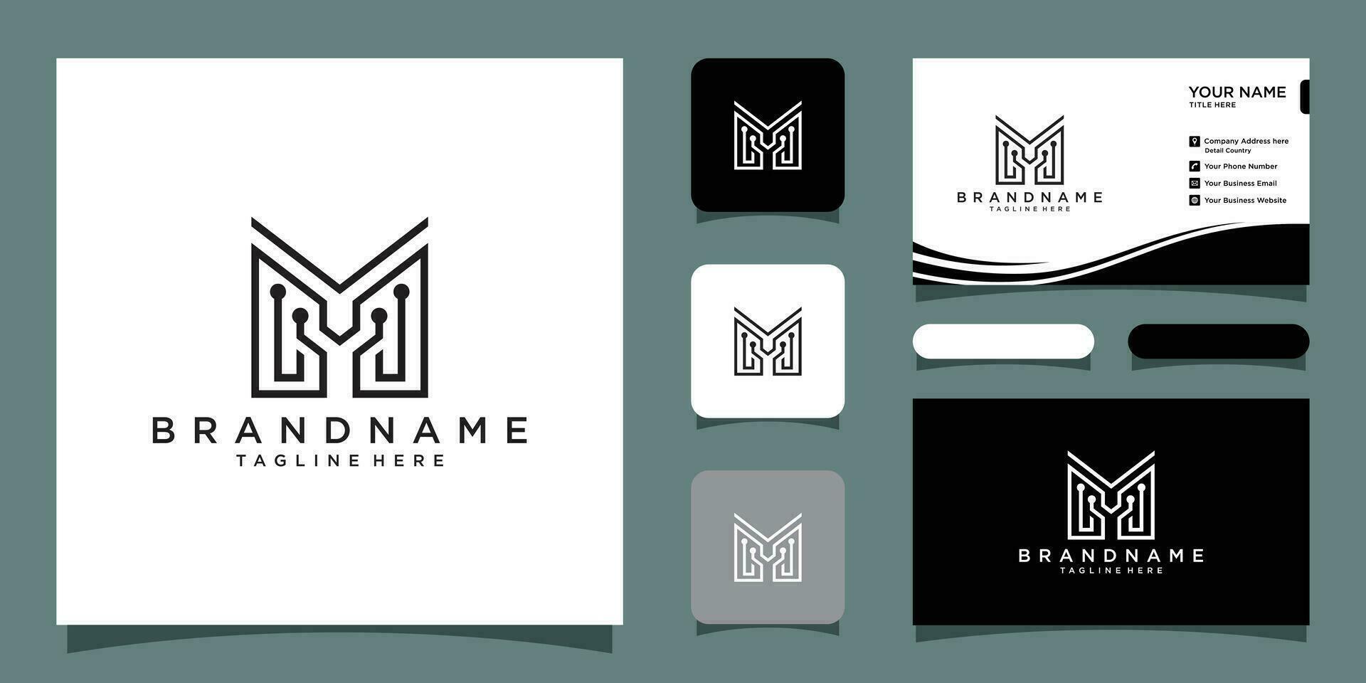 Logo design template Letter M Technology with business card design template Premium Vector