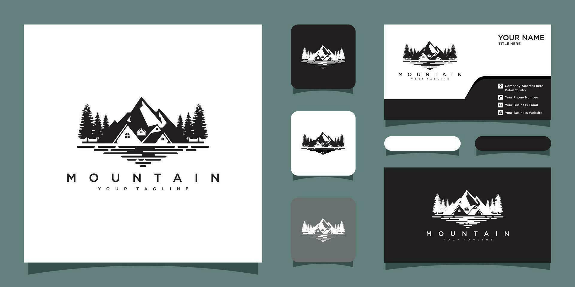 Real estate house mountain logo template with business card design Premium Vector