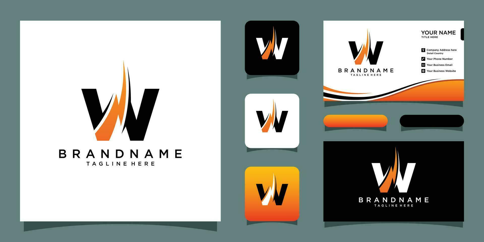 Flash W letter logo, electrical bolt logo vector with business card design Premium Vector