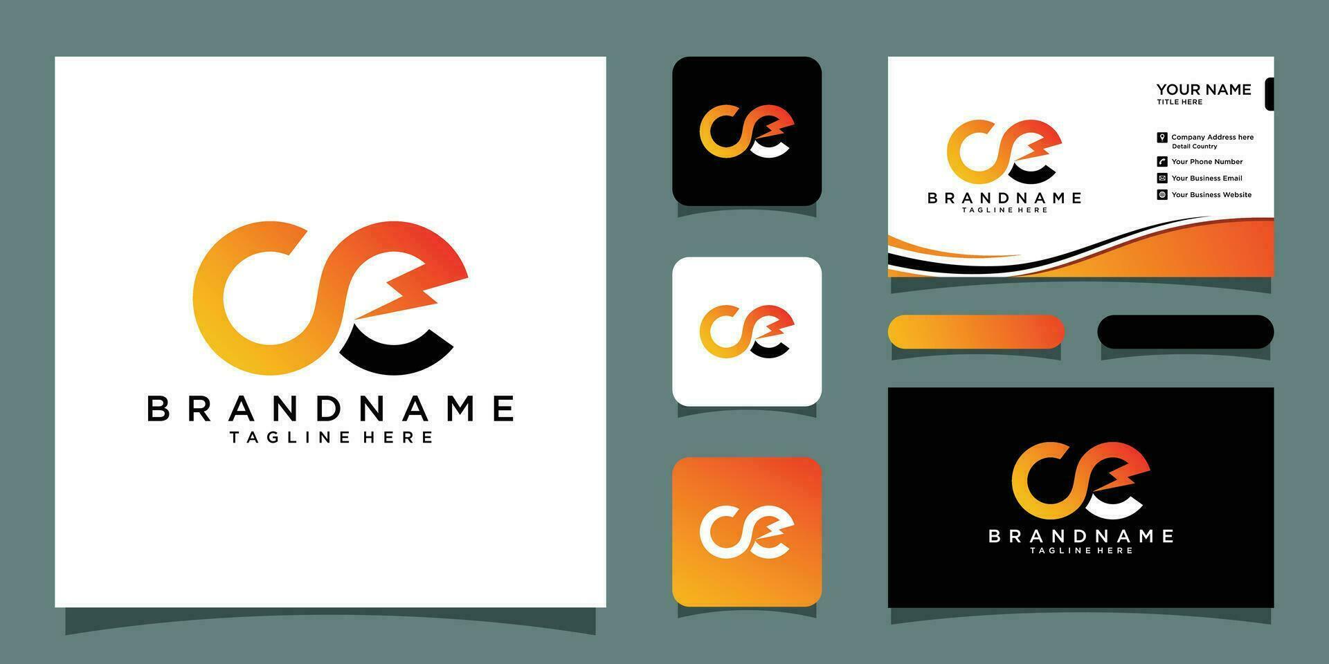 Initial CE letter with Lightning Logo Vector Design and business card Premium Vector