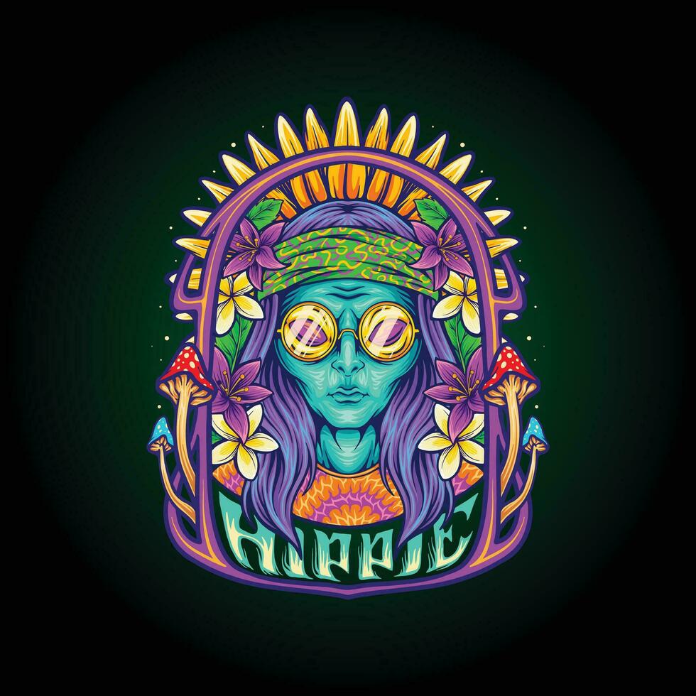 Bohemian alien flower power hippie style illustrations vector illustrations for your work logo, merchandise t-shirt, stickers and label designs, poster, greeting cards advertising business company