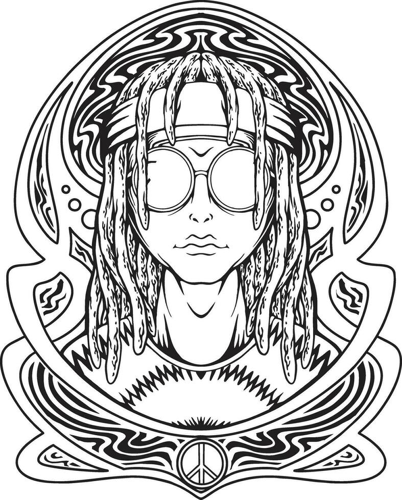 Funky hippie alien dreadlocks with frame art nouveau monochrome vector illustrations for your work logo, merchandise t-shirt, stickers and label designs, poster, greeting cards advertising business
