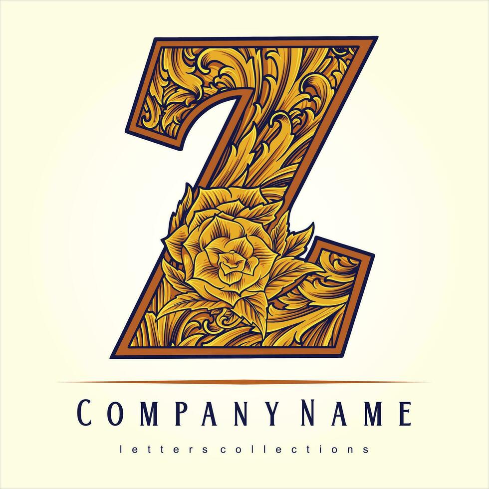 Classic engraved initial Z Monogram with Flower ornament vector illustrations for your work logo, merchandise t-shirt, stickers and label designs, poster, greeting cards advertising business company
