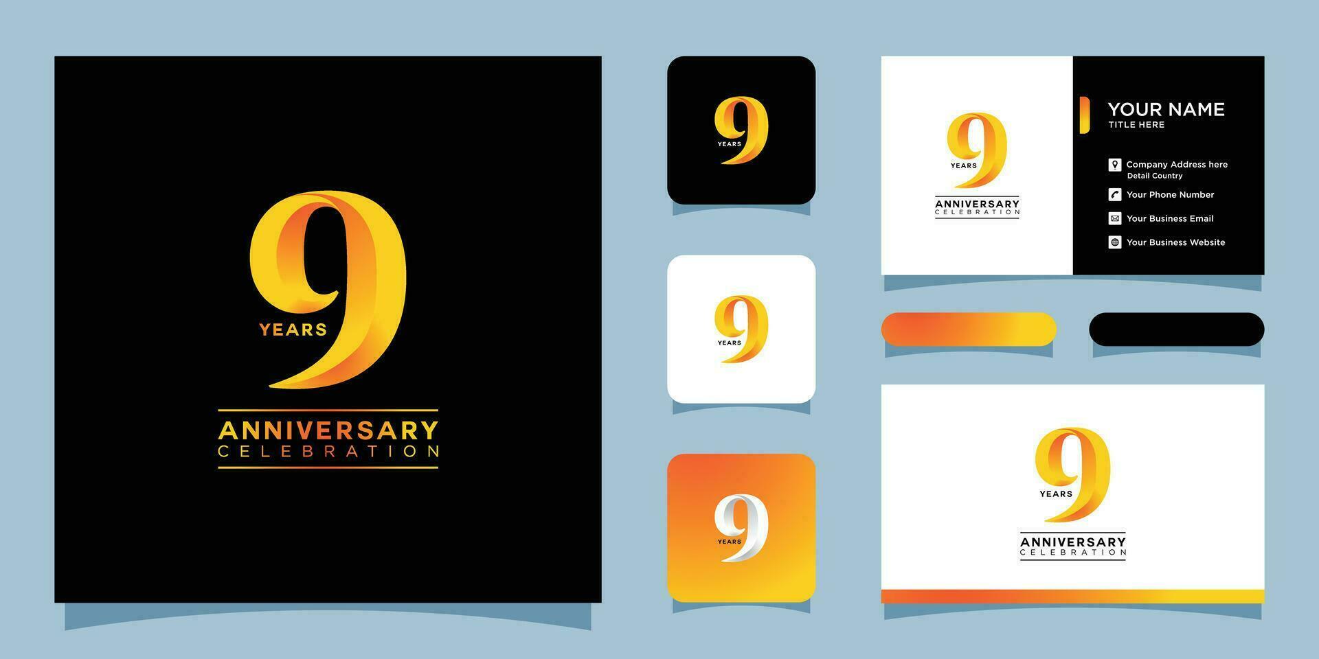 9th Anniversary Celebration with business card design Premium Vector