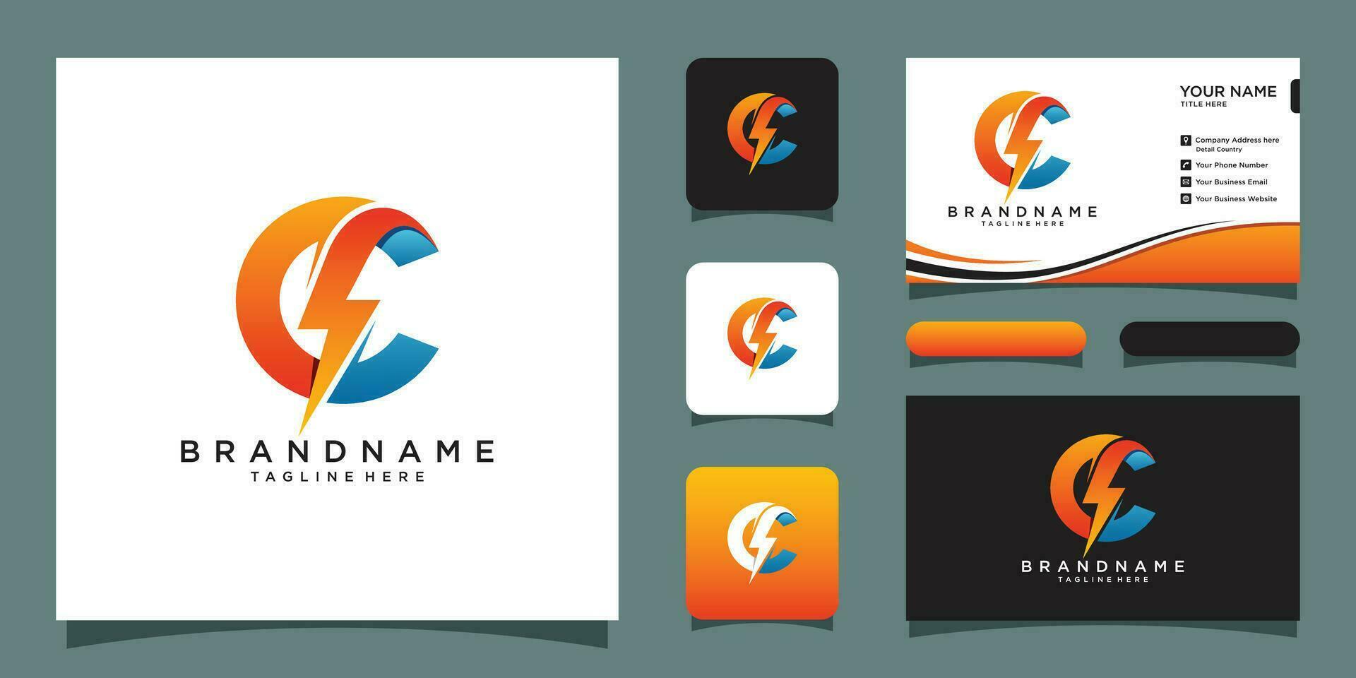 Flash C letter logo, electric bolt logo vector with business card design Premium Vector