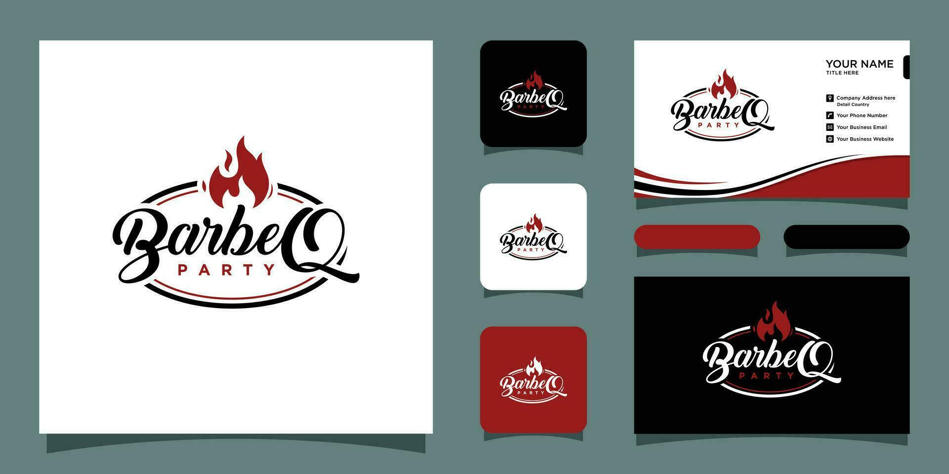 Logo barbecue with flame logo with business card design Premium Vector