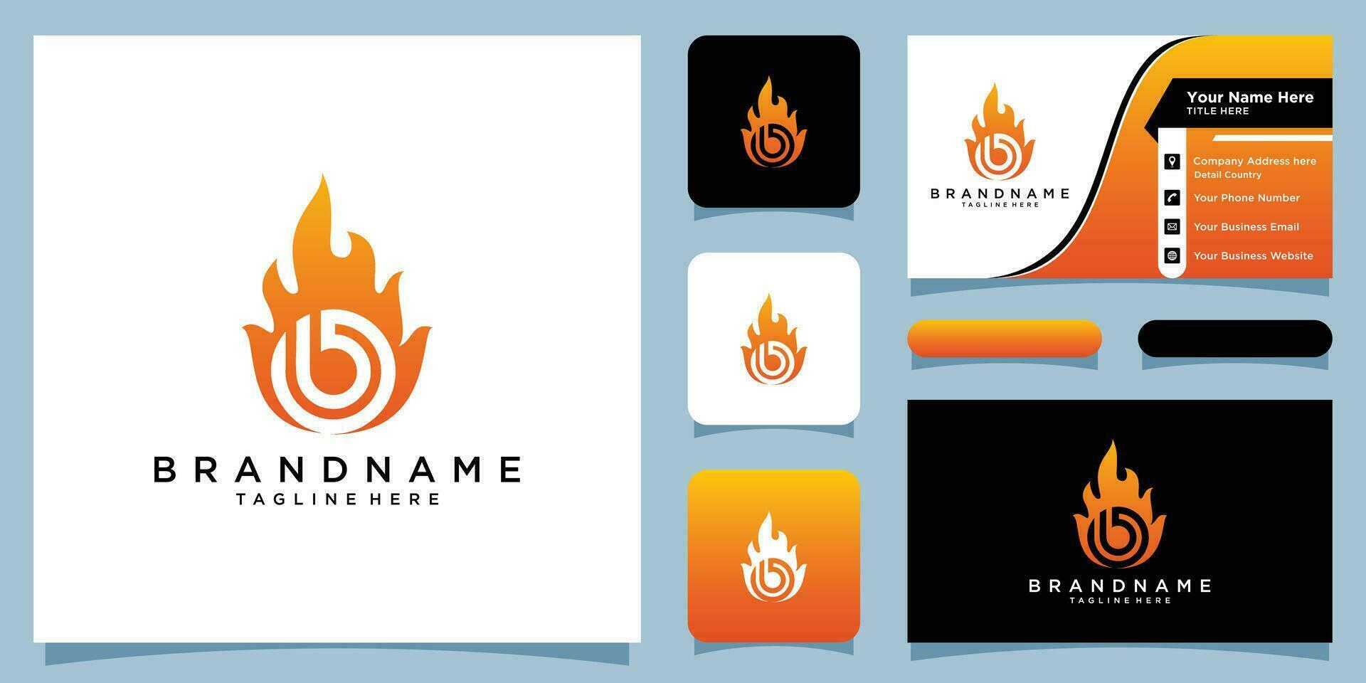 Icon Design Logo Letter B with Fire Vector and business card design Premium Vector