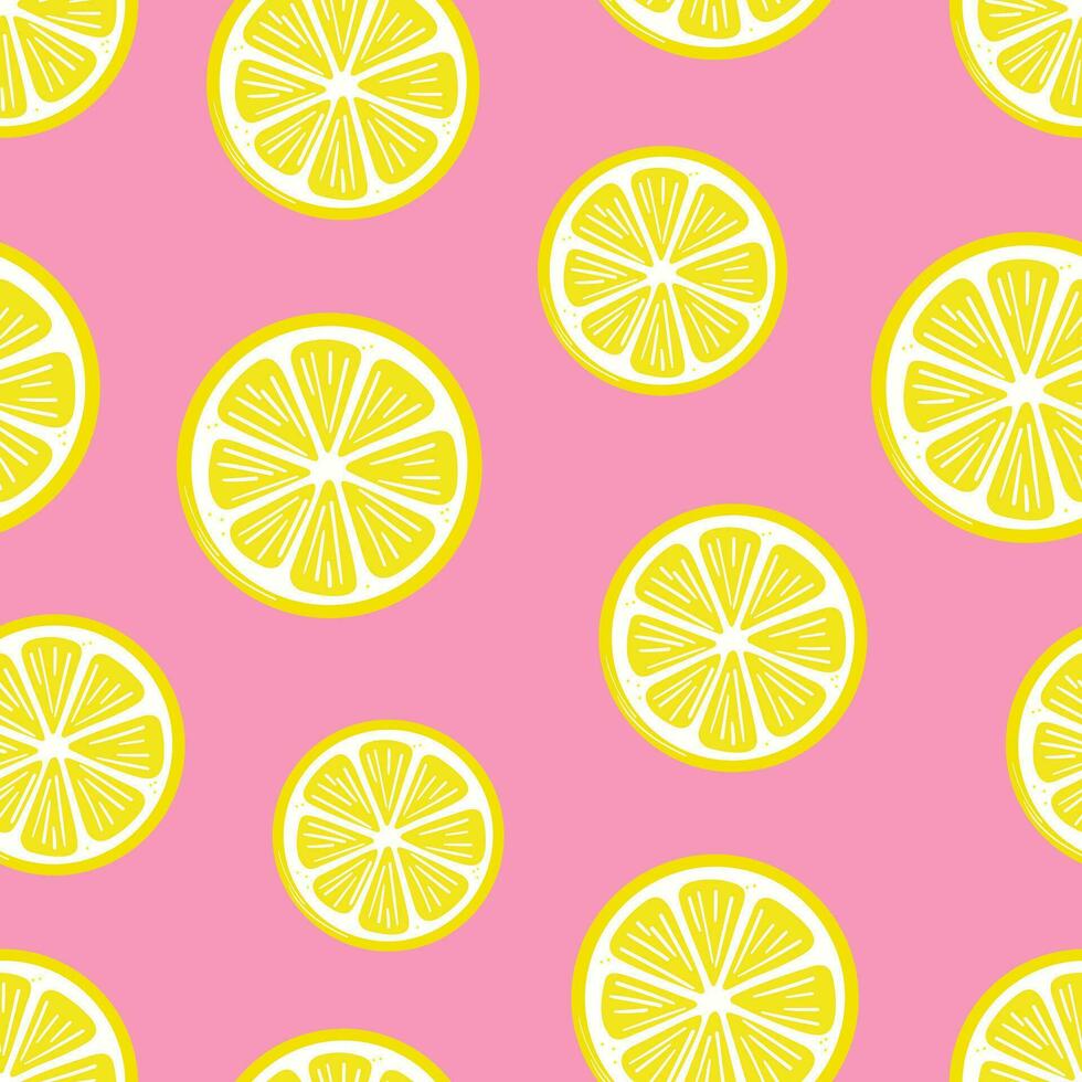 Pink lemon slices vector pattern, seamless repeating background, citrus fruit wallpaper