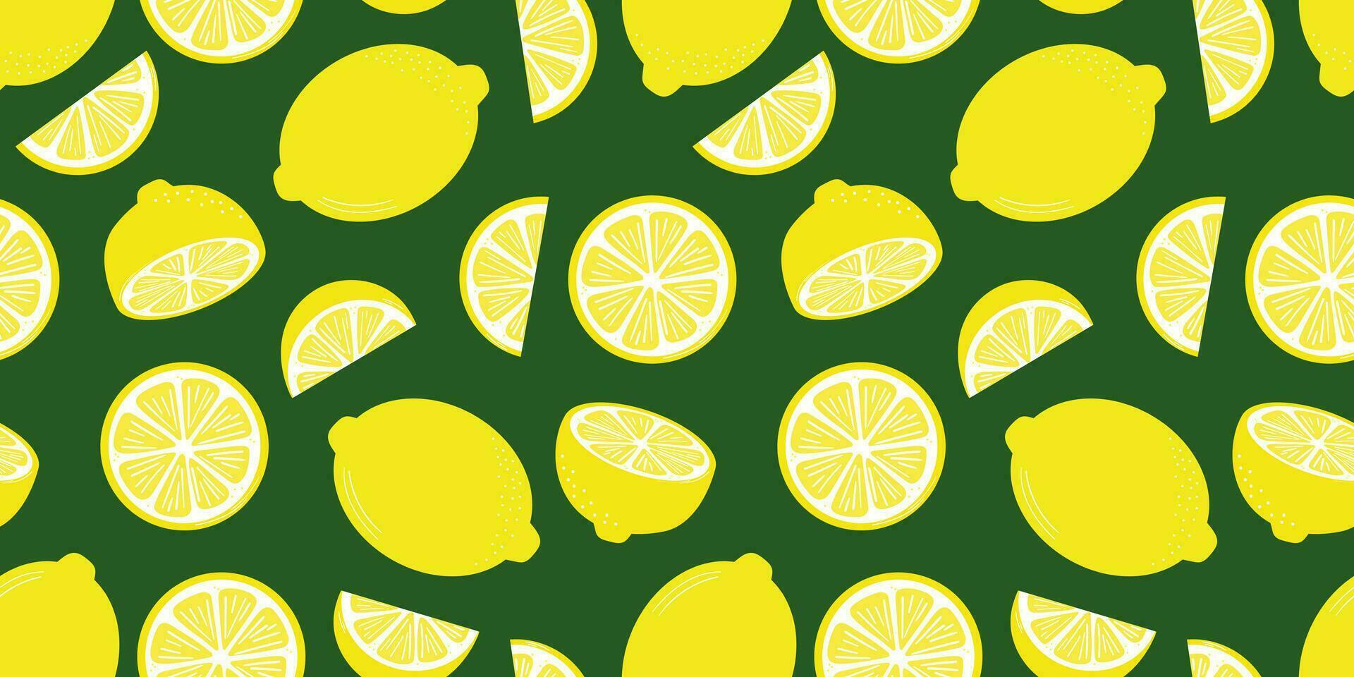 Seamless lemon pattern on dark green background, repeating wallpaper vector
