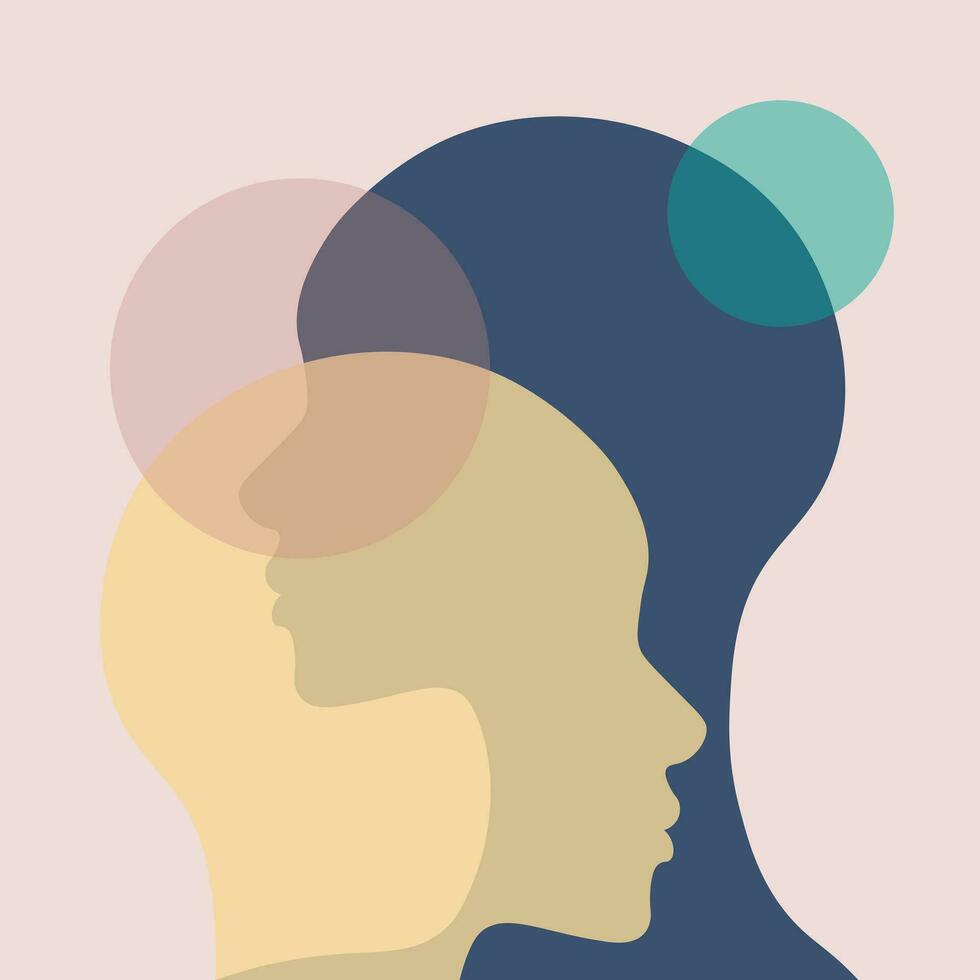 Abstract portrait artwork, vector illustration two face silhouettes with geometric shapes, society poster