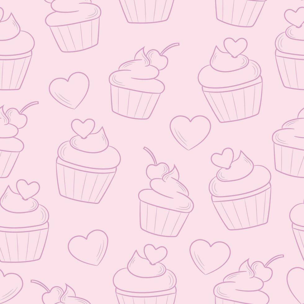 Cute cupcake line art pastel pink pattern, seamless repeating background vector