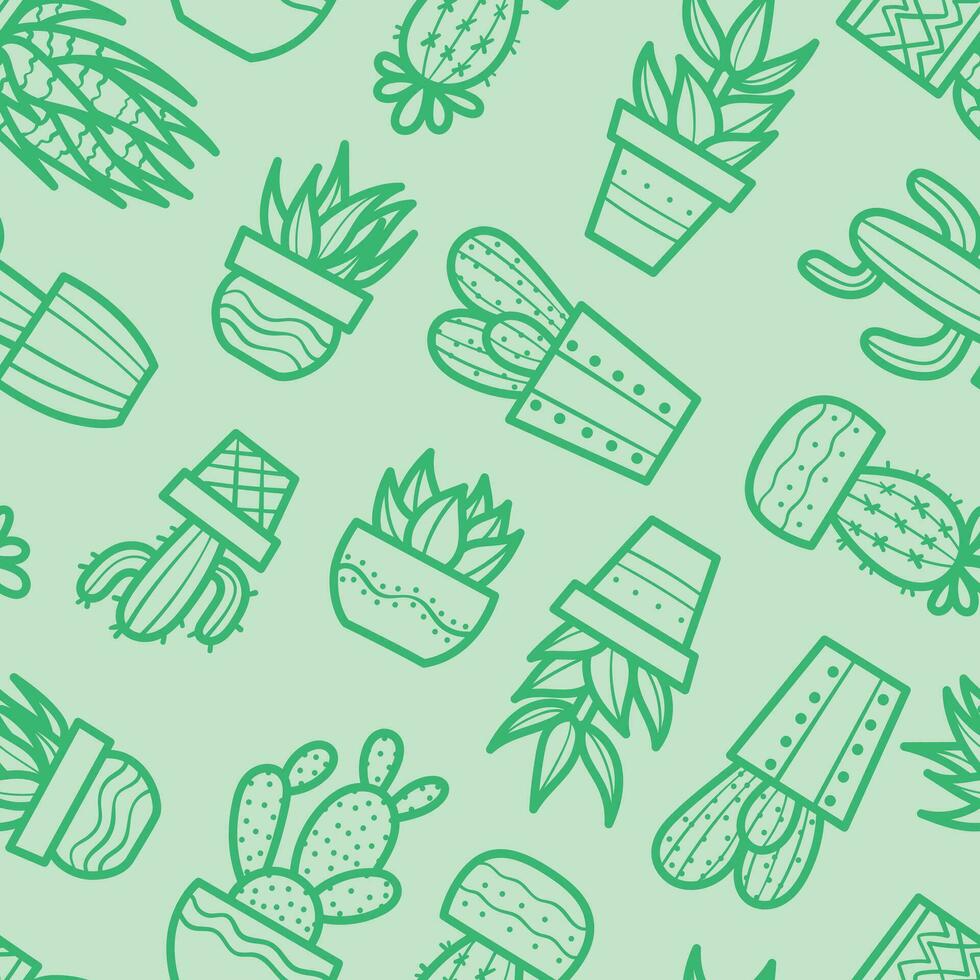 Seamless cactus vector pattern, green repeating backgorund with hand drawn house plants