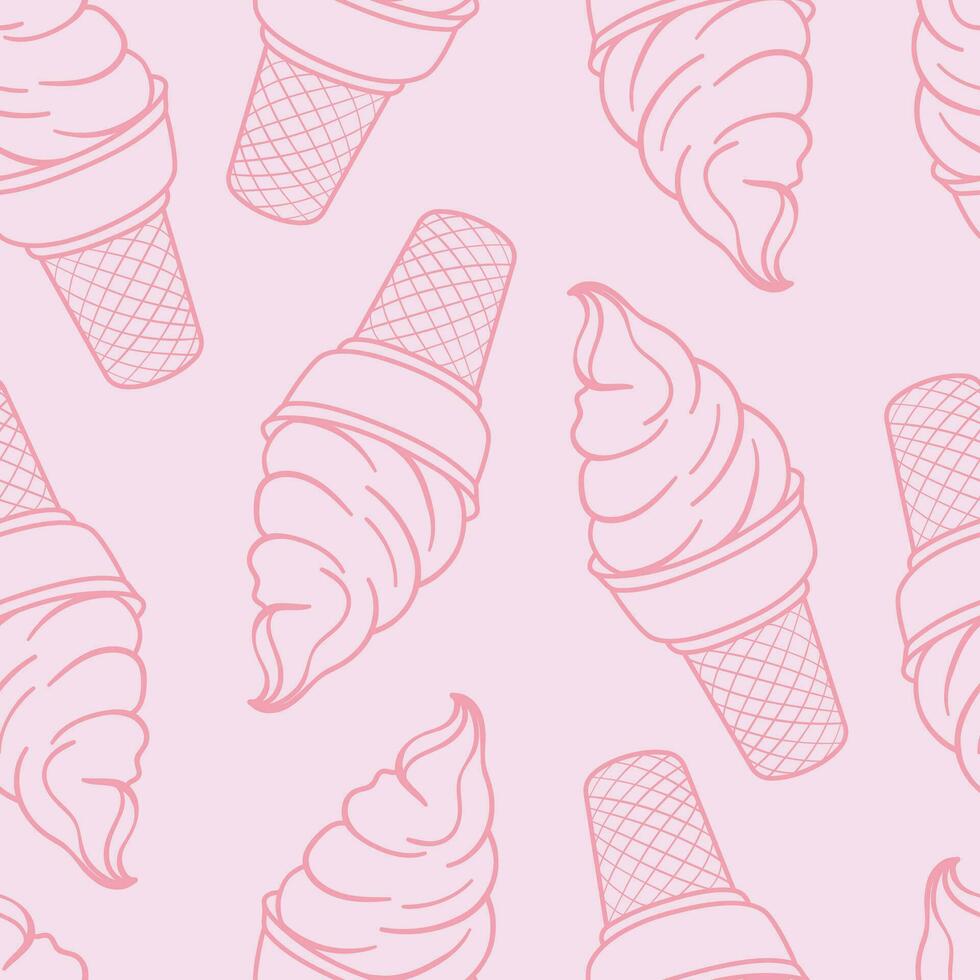 Pink ice cream seamless repeat pattern, vector background, line art ice cream cones