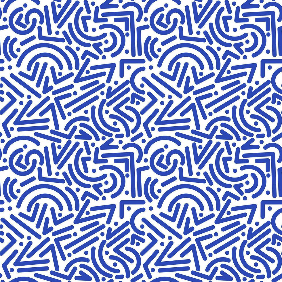 Blue line doodle seamless pattern, creative minimalist style abstract background with basic shapes vector