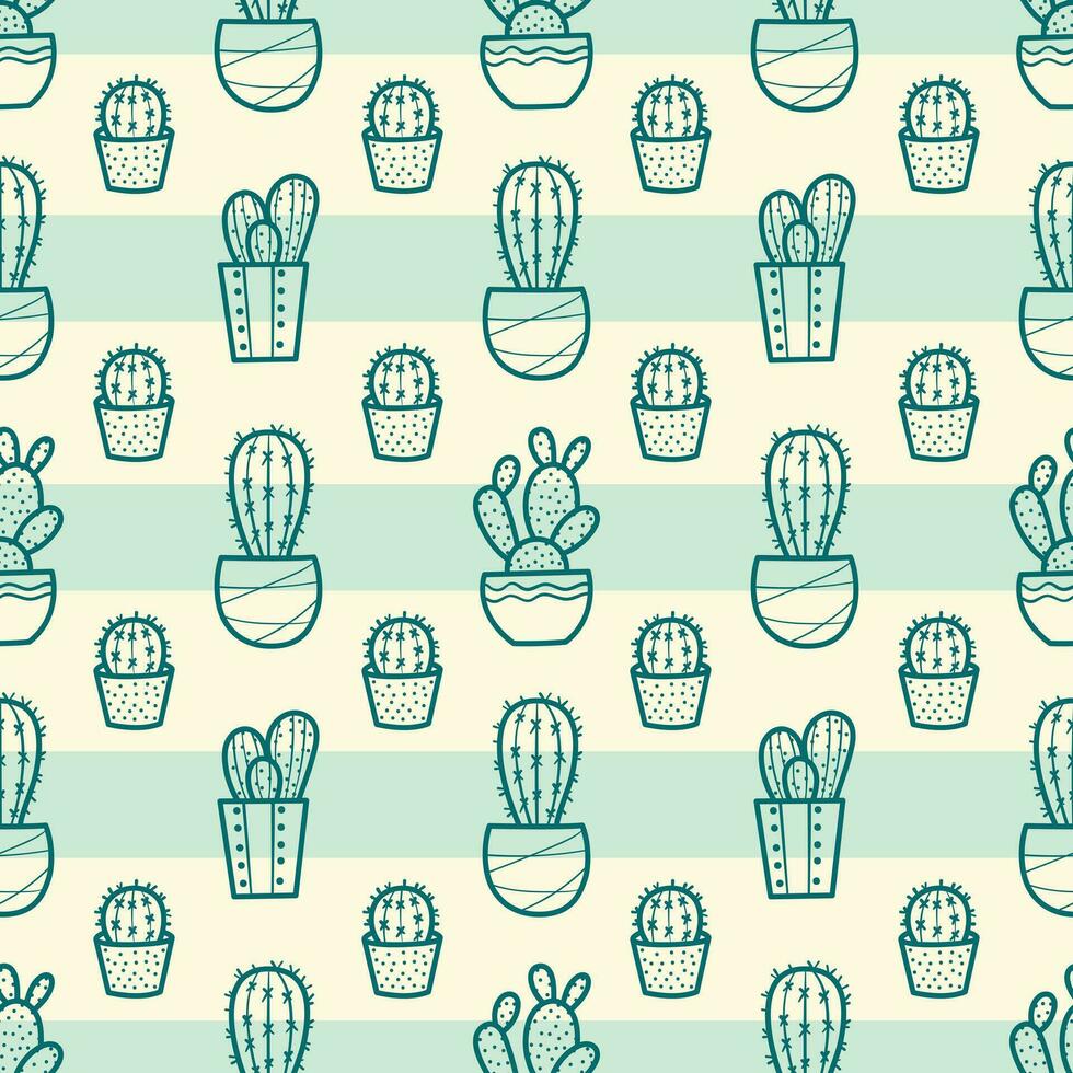 Cactus vector pattern with stipes, hand drawn house plants seamless background, green wallpaper