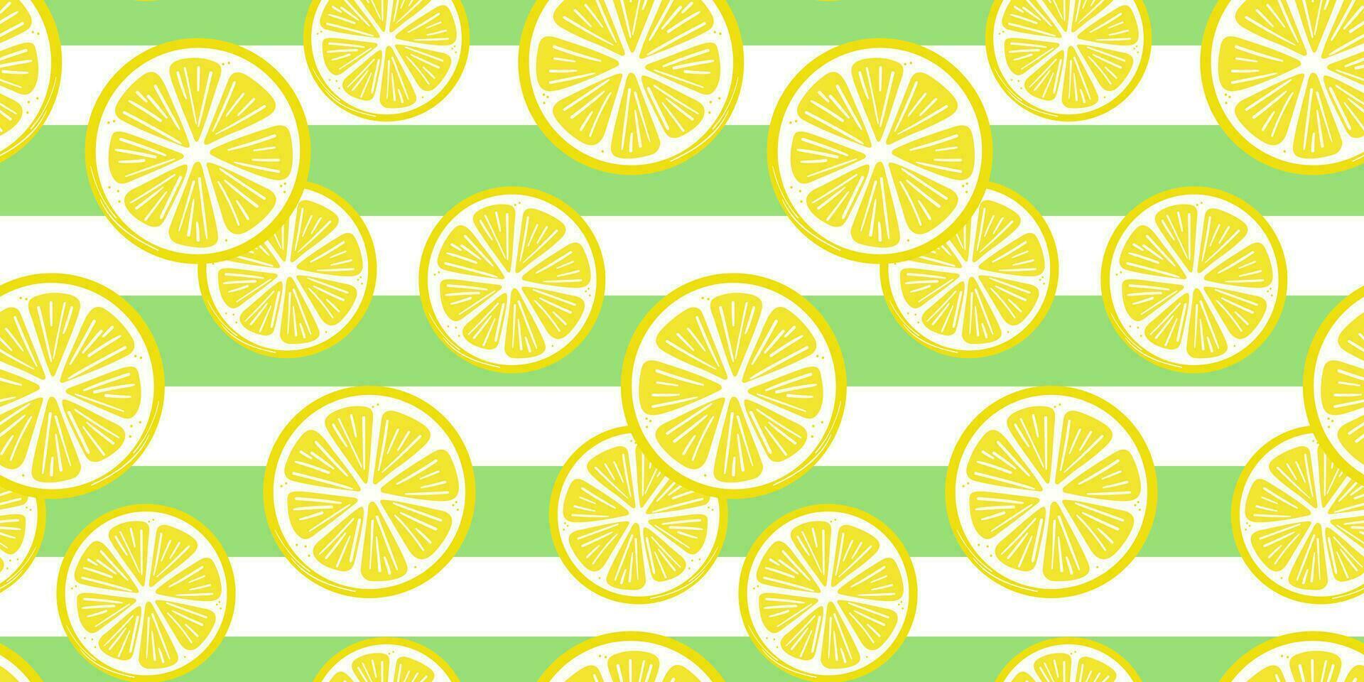 Lemon slices vector background with green stripes, seamless pattern