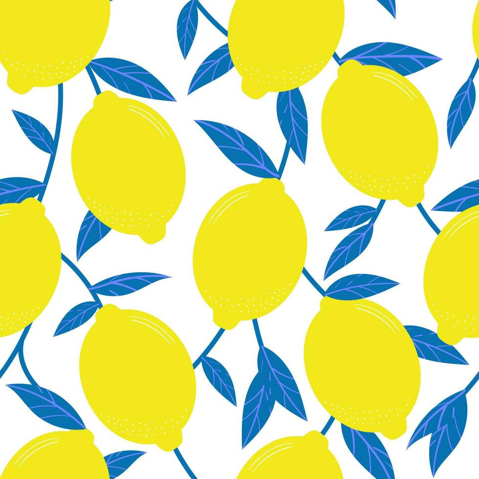 Tropical seamless vector pattern with yellow lemons, fruit background, lemon branches print for fabric or wallpaper.