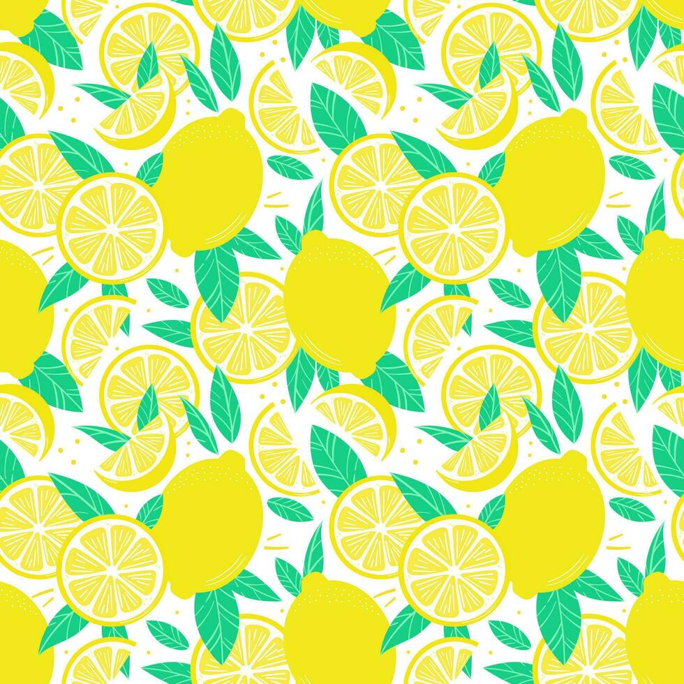 Lemon vector pattern, citrus fruit seamless repeating background, perfect summer print with tropical fruits